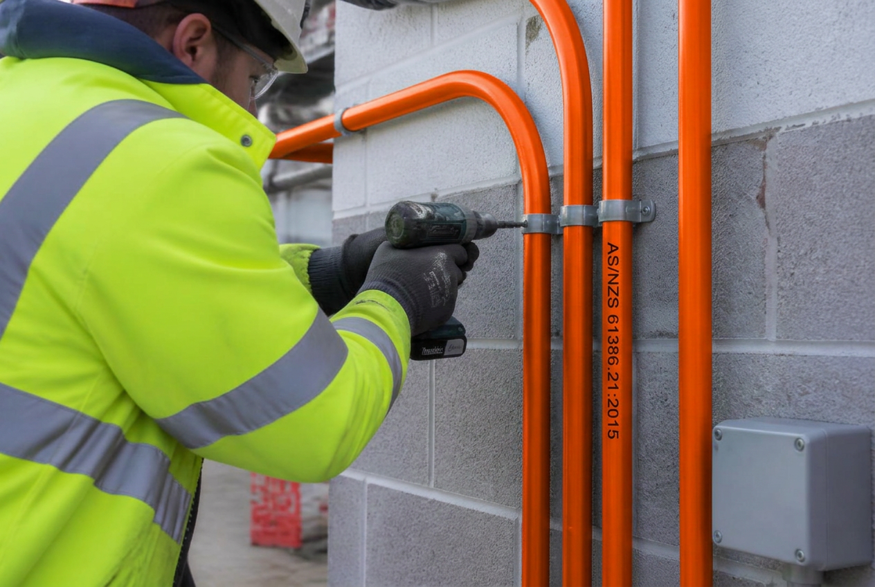 Electrician installing grey electrical conduit on a commercial site wall