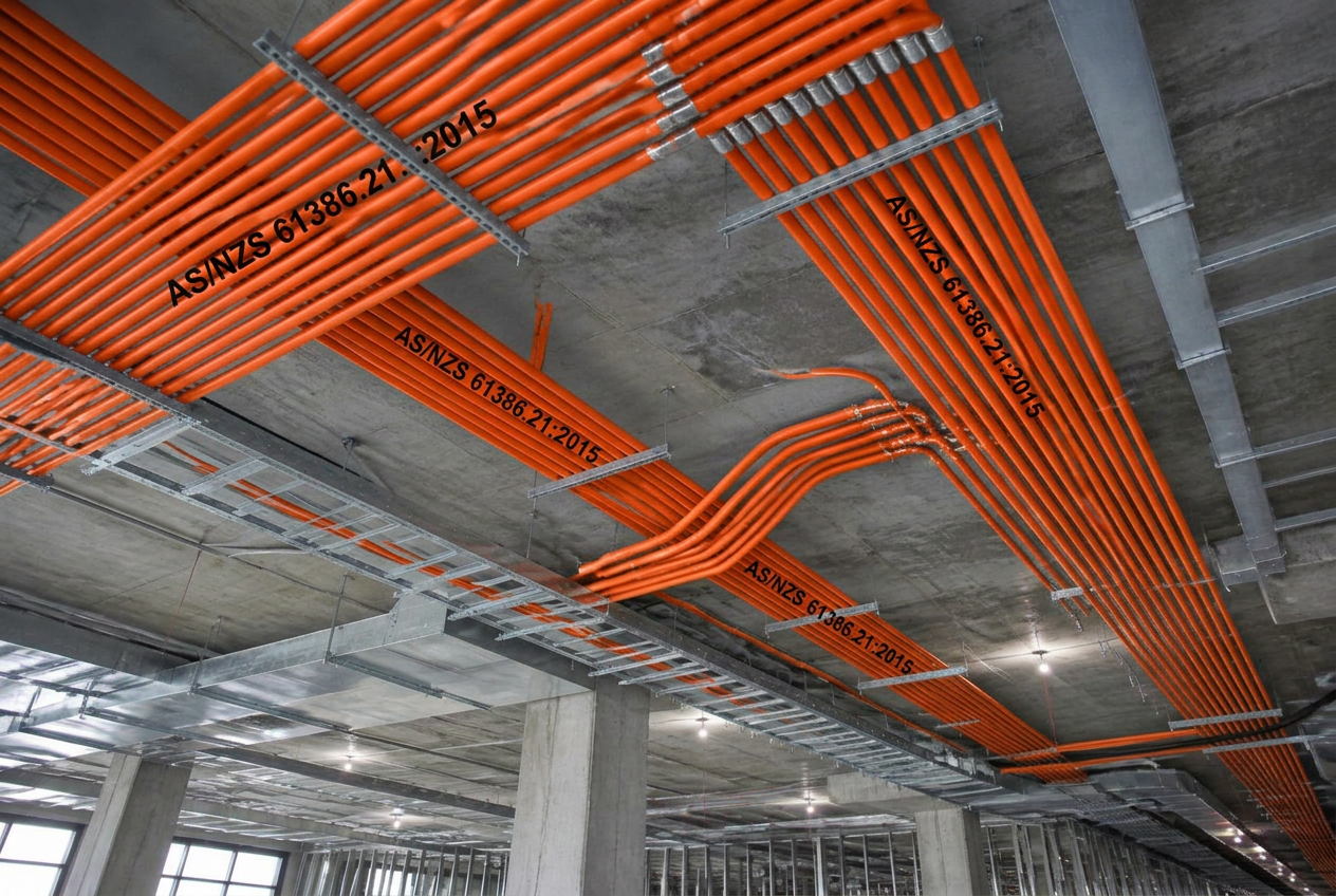 Grey conduit and cable tray runs installed across a commercial building ceiling