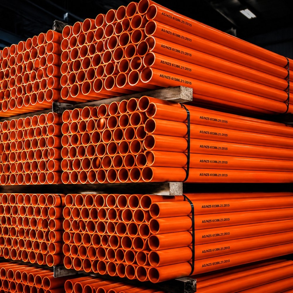 Stacked bundles of orange rigid electrical conduit pipe marked AS/NZS 61386.21:2015