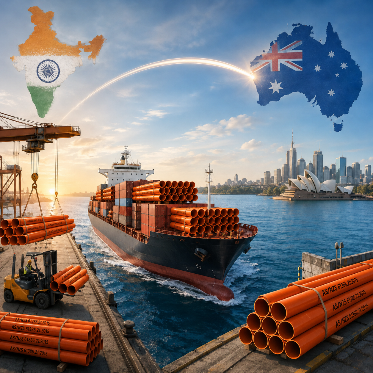 Direct sourcing route from India to Australia showing a container ship and maps